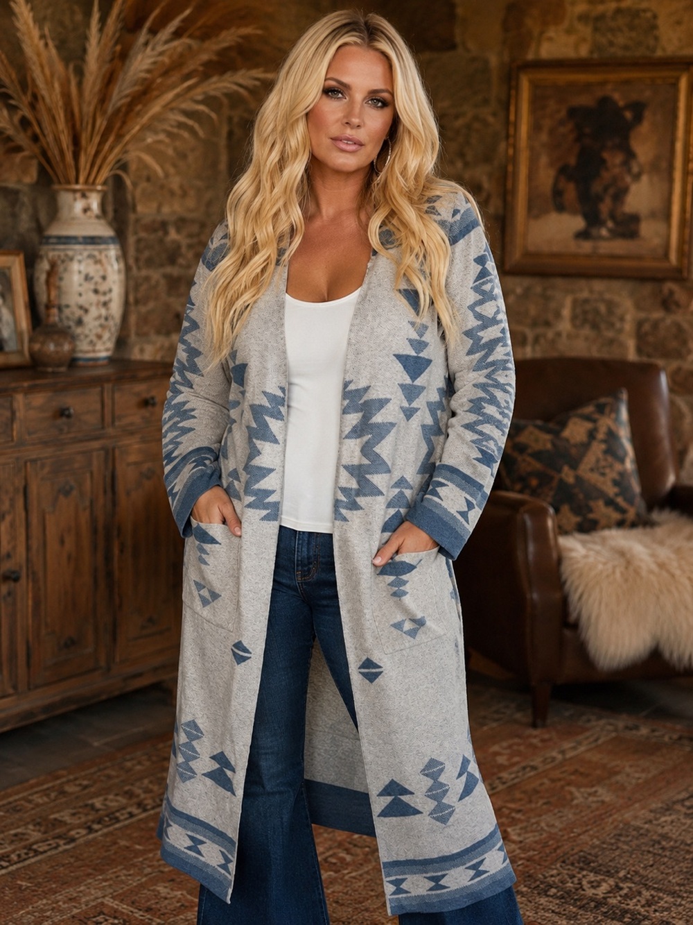 Jessica Simpson Aztec Southwest Duster Cardigan Long Open Front Cotton S